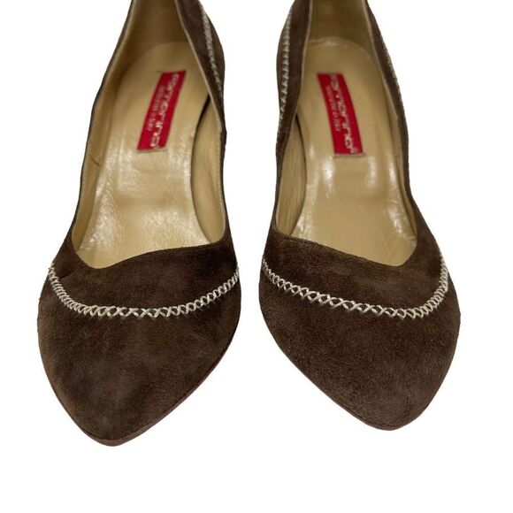 Fornarina Suede Pumps Stacked Heels Brown Women's EU 36 Cross Stitch Detail - Picture 3 of 9